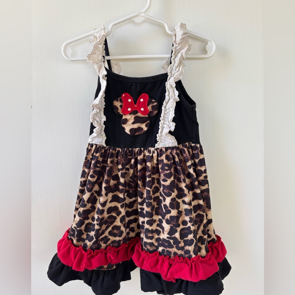 Leopard Print Dress with Minnie Mouse Design Boutique Style Ruffle Lace Dress 4T